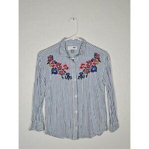 Old Navy Girls Blue White Striped Long Sleeve Button Up Flower Embroidery Large